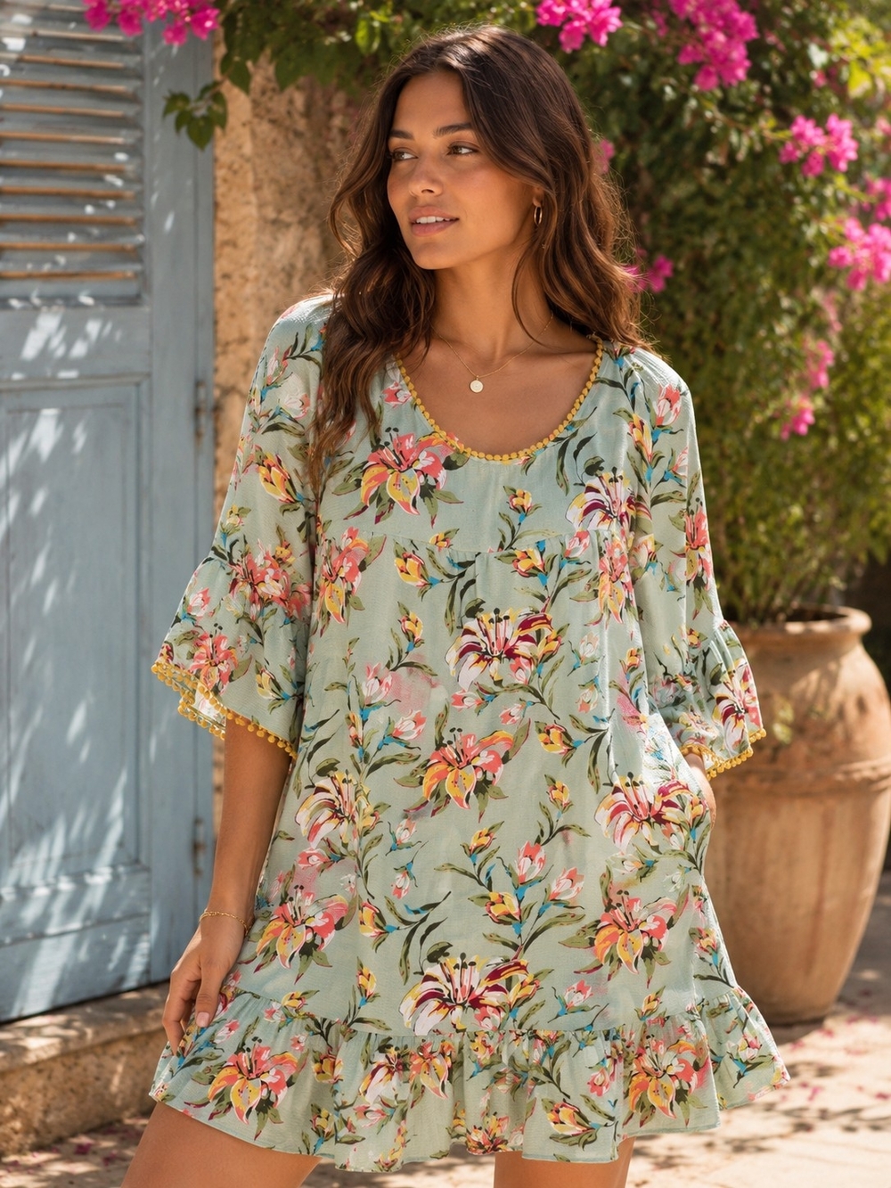 Uncle Frank Floral Mini Dress in Light Sage with Pink and Yellow Blooms - Picture 1 of 2